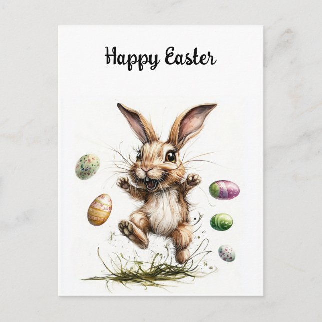 Funny Jumping Bunny Watercolor Easter Art Postcard (Front)