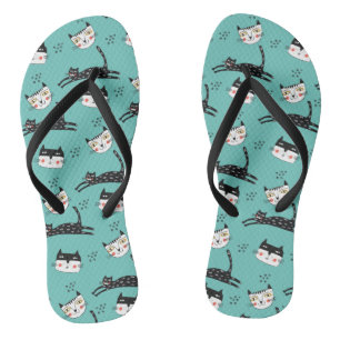 Funny Jumping Cat Faces on Teal Flip Flops