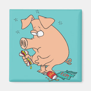 funny junk food stuffed pig with tummy belly ache magnet