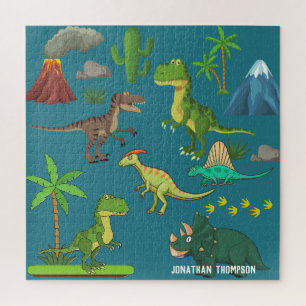 Funny Jurassic monogrammed mountain blue Jigsaw Puzzle