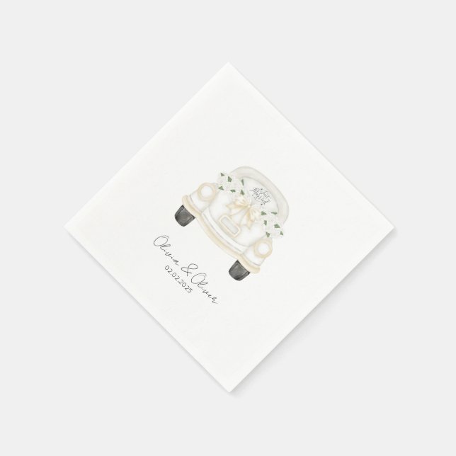 Funny just married car custom wedding napkin (Corner)