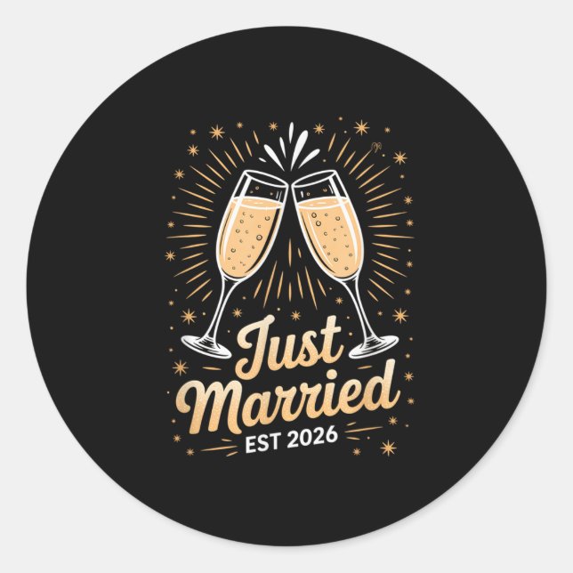Funny Just Married Newlywed Honeymoon Couple 2026  Classic Round Sticker (Front)