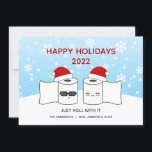 Funny Just Roll With It Toilet Paper Couple Holiday Card<br><div class="desc">A funny and festive holiday card design featuring two toilet paper rolls wearing Santa hats saying "Just Roll With It." A light-hearted laugh at the toilet paper shortage during COVID quarantine and events. Personalize the greeting with your wording and add your personalized family names at the bottom. If the date...</div>