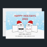 Funny Just Roll With It Toilet Paper Couple Holiday Card<br><div class="desc">A funny and festive holiday card design featuring two toilet paper rolls wearing Santa hats saying "Just Roll With It." A light-hearted laugh at the toilet paper shortage during COVID quarantine and events. Personalize the greeting with your wording and add your personalized family names at the bottom. If the date...</div>