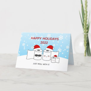 Funny Just Roll With It Toilet Paper Family of 3 Holiday Card