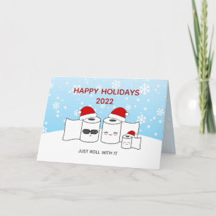 Funny Just Roll With It Toilet Paper Family of 3 Holiday Card