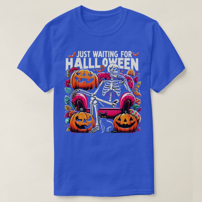 Funny Just Waiting For Halloween Skeleton Spooky V T-Shirt (Design Front)