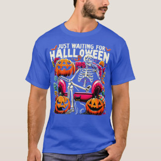 Funny Just Waiting For Halloween Skeleton Spooky V T-Shirt