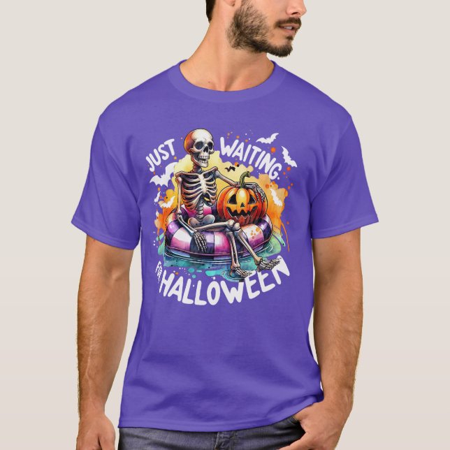 Funny Just Waiting For Halloween Skeleton Spooky V T-Shirt (Front)