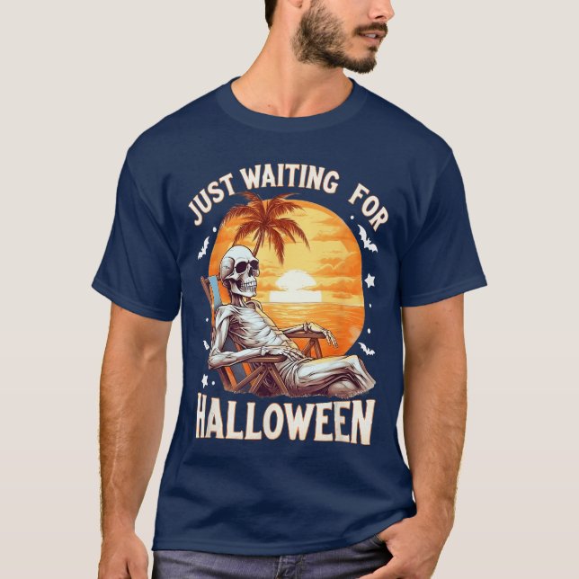 Funny Just Waiting For Halloween Skeleton Spooky V T-Shirt (Front)