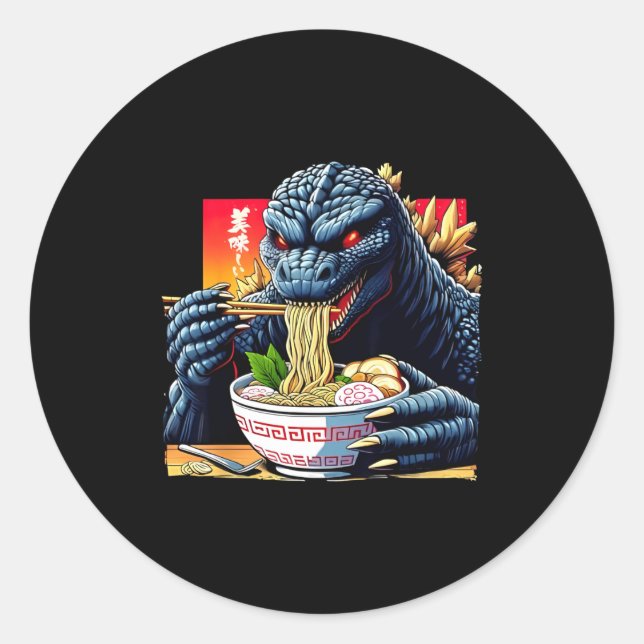 Funny Kaiju Eating Ramen Japanese Monster Lover Bi Classic Round Sticker (Front)
