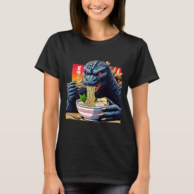 Funny Kaiju Eating Ramen Japanese Monster Lover Bi T-Shirt (Front)