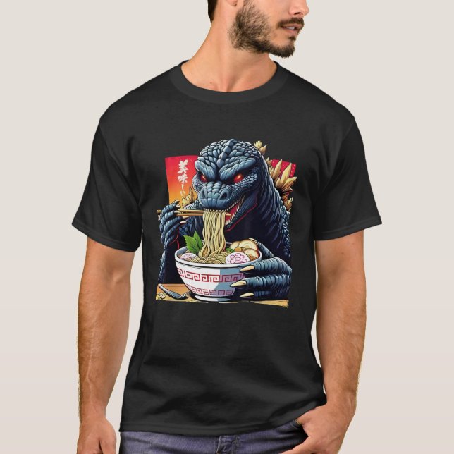Funny Kaiju Eating Ramen Japanese Monster Lover Bi T-Shirt (Front)