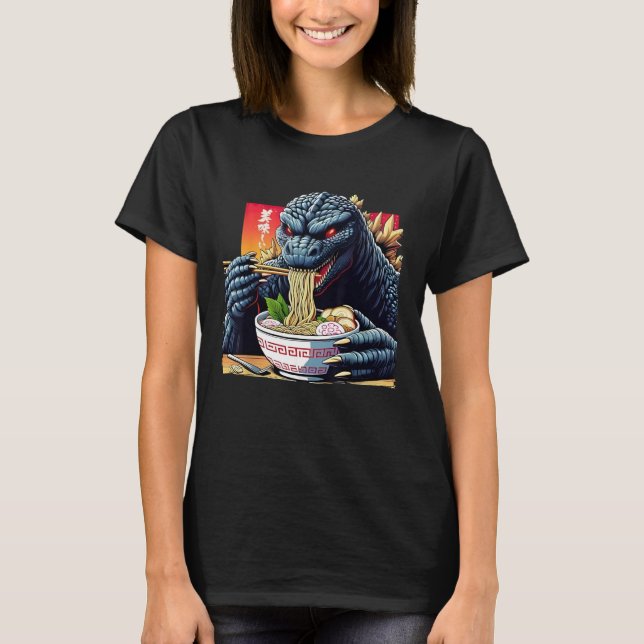 Funny Kaiju Eating Ramen Japanese Monster Lover Bi T-Shirt (Front)