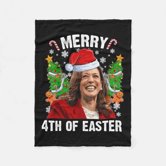 Funny Kamala Harris Christmas Santa Hat Merry 4th  Fleece Blanket (Front)
