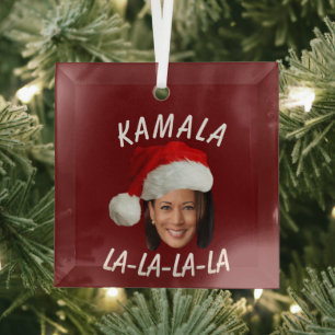 Funny Kamala Harris Face Santa Hat Christmas  Glass Tree Decoration