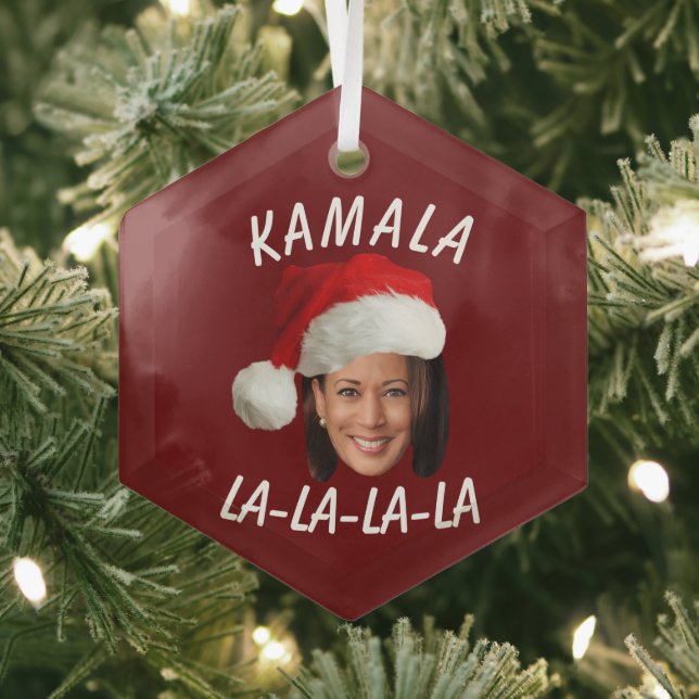 Funny Kamala Harris Face Santa Hat Christmas  Glass Tree Decoration (Insitu)