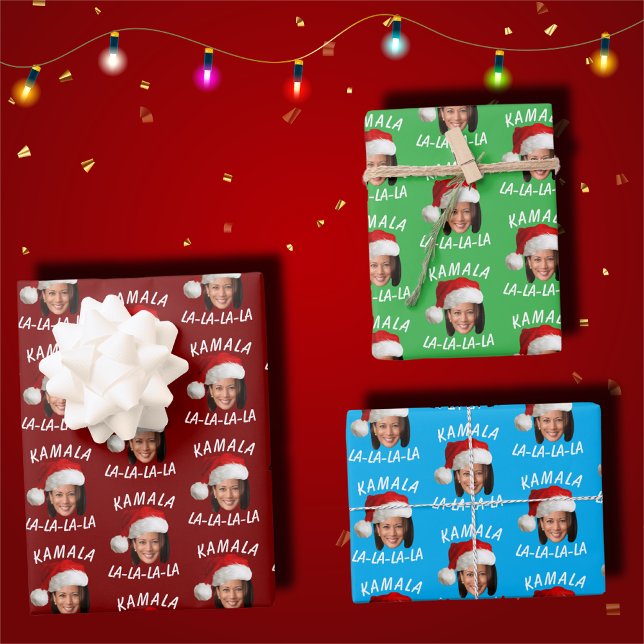 Funny Kamala Harris Face Santa Hat Christmas Wrapping Paper Sheet (Creator Uploaded)