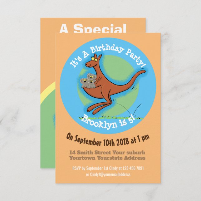 Funny kangaroo and koalas cartoon invitation (Front/Back)