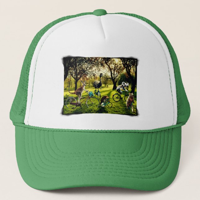 Funny Kangaroo Koala Wombat Emu Cycling Trucker Hat (Front)