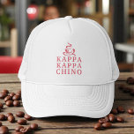 Funny Kappa Kappa Chino Greek Lifestyle Trucker Hat<br><div class="desc">Fun and feminine, this stylish trucker hat conveys a love of cappuccino with its “Kappa Kappa Chino” spin on Greek campus life! Featuring a playful steaming coffee cup graphic and bold collegiate lettering in pink on a clean white hat, this design is perfect for coffee lovers in sororities, or anyone...</div>