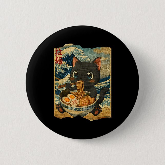 Funny Kawaii Black Cat Ramen Noodle Bowl Japanese  6 Cm Round Badge (Front)