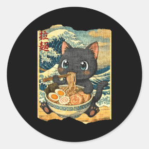 Funny Kawaii Black Cat Ramen Noodle Bowl Japanese  Classic Round Sticker