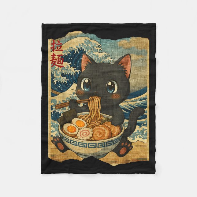 Funny Kawaii Black Cat Ramen Noodle Bowl Japanese  Fleece Blanket (Front)