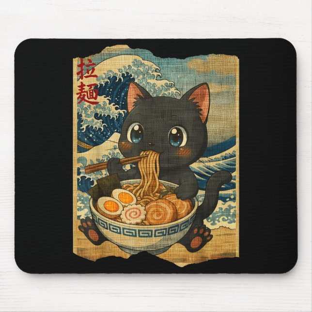 Funny Kawaii Black Cat Ramen Noodle Bowl Japanese  Mouse Mat (Front)
