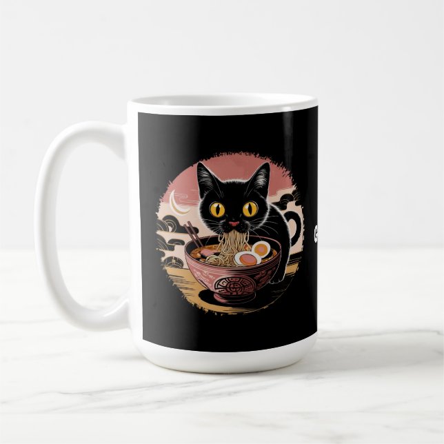 Funny Kawaii Cat Eating Ramen Noodles Cute Anime Coffee Mug (Left)