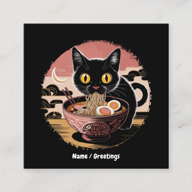 Funny Kawaii Cat Eating Ramen Noodles  Cute Anime Square Business Card (Front)