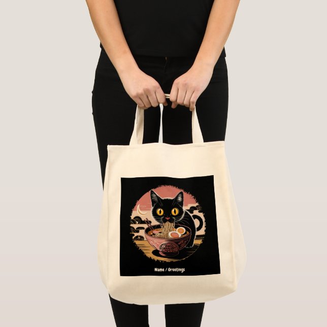 Funny Kawaii Cat Eating Ramen Noodles Cute Anime Tote Bag (Front (Product))