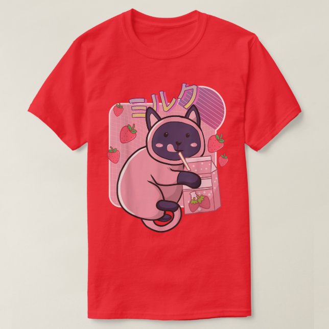 Funny Kawaii Cat Strawberry Milk Shake Japanese An T-Shirt (Design Front)
