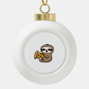 Funny Kawaii Chibi Sloth with Pizza � Cute Cartoon Ceramic Ball Christmas Ornament