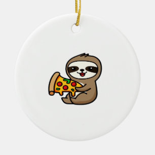 Funny Kawaii Chibi Sloth with Pizza � Cute Cartoon Ceramic Tree Decoration