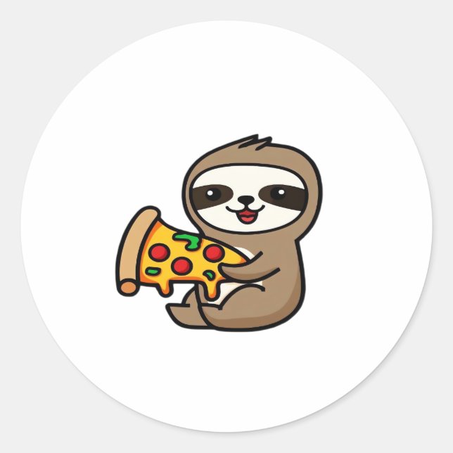Funny Kawaii Chibi Sloth with Pizza � Cute Cartoon Classic Round Sticker (Front)