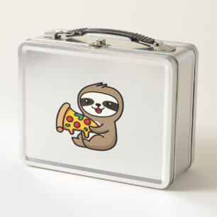 Funny Kawaii Chibi Sloth with Pizza � Cute Cartoon Metal Lunch Box