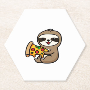 Funny Kawaii Chibi Sloth with Pizza � Cute Cartoon Paper Coaster