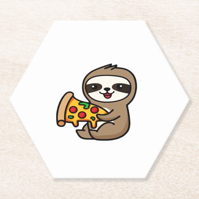 Funny Kawaii Chibi Sloth with Pizza � Cute Cartoon Paper Coaster (Front)