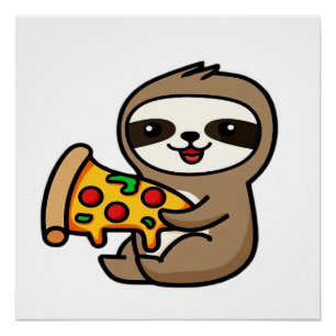 Funny Kawaii Chibi Sloth with Pizza � Cute Cartoon Poster