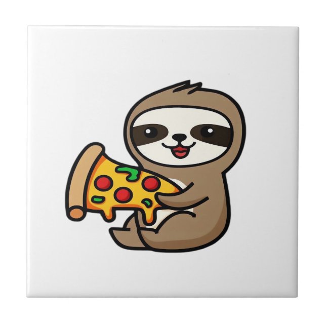 Funny Kawaii Chibi Sloth with Pizza � Cute Cartoon Tile (Front)