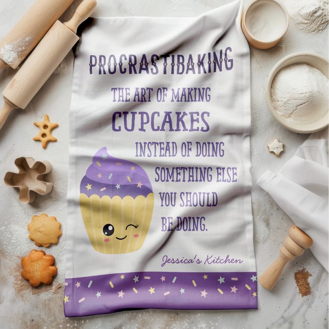 Funny Kawaii Cupcake Procrastibaking Tea Towel (This hilarious and ultra cute kawaii cupcake towel design is an absolute “deal-baker”)