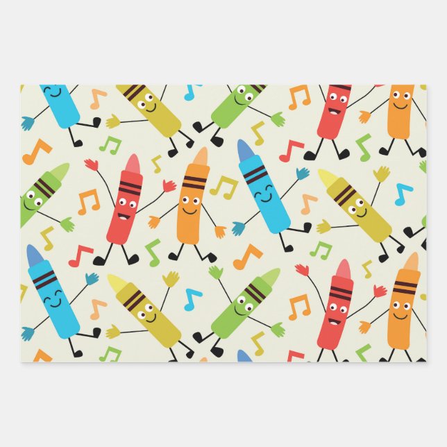 Funny Kawaii Dancing Crayons With Music Notes  Wrapping Paper Sheet (Front)