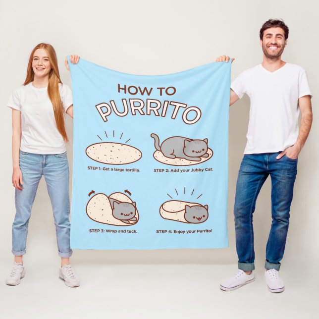 Funny Kawaii "How to Purrito" Cat Fleece Blanket (In Situ)