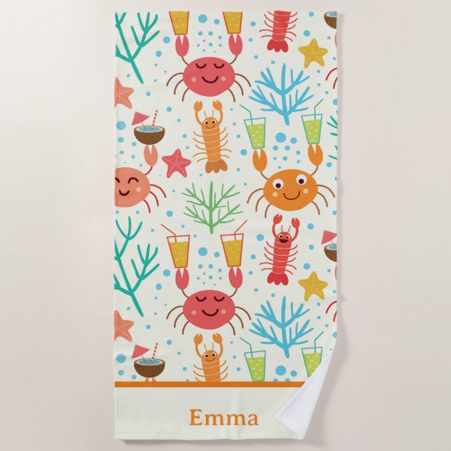 Funny Kawaii Lobsters and Crabs Personalised Kids  Beach Towel (Front)