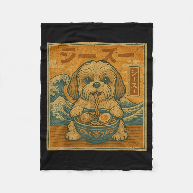 Funny Kawaii Ramen Japanese Noodles Shih Tzu Eatin Fleece Blanket (Front)