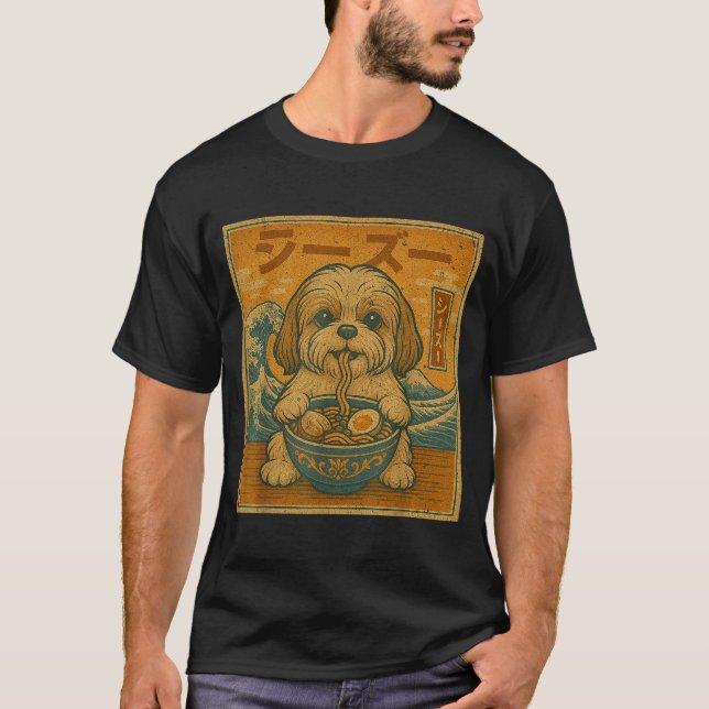 Funny Kawaii Ramen Japanese Noodles Shih Tzu Eatin T-Shirt (Front)