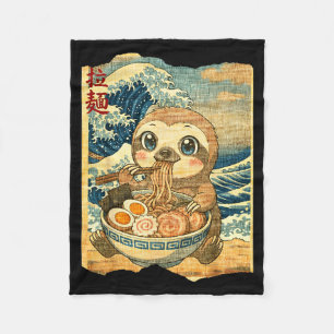 Funny Kawaii Sloth Ramen Noodle Bowl Japanese Wave Fleece Blanket