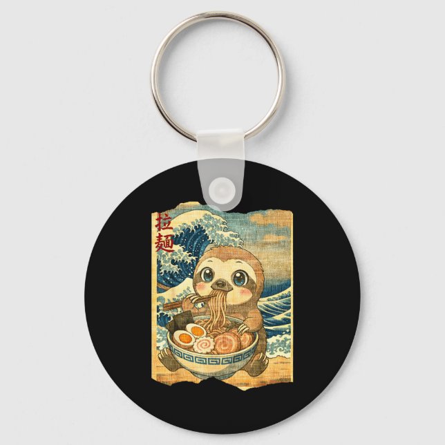 Funny Kawaii Sloth Ramen Noodle Bowl Japanese Wave Key Ring (Front)