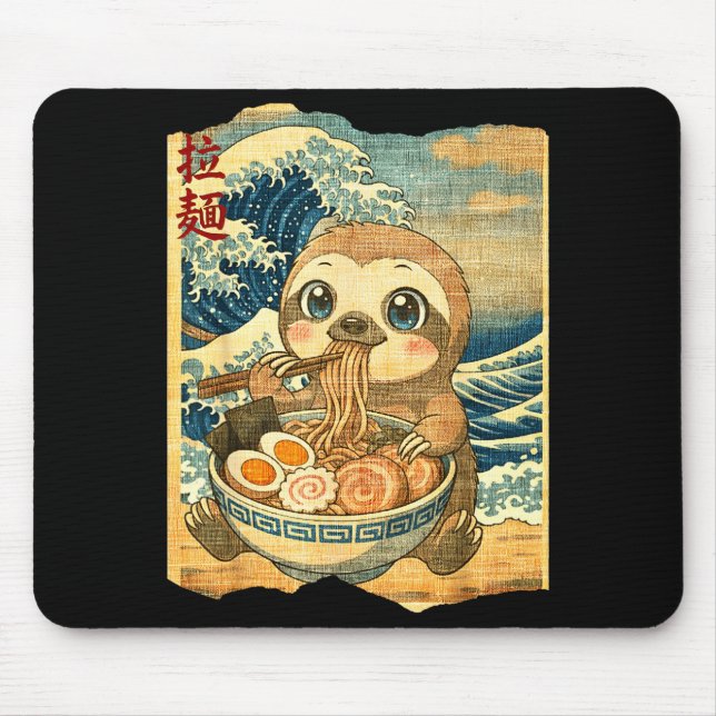 Funny Kawaii Sloth Ramen Noodle Bowl Japanese Wave Mouse Mat (Front)